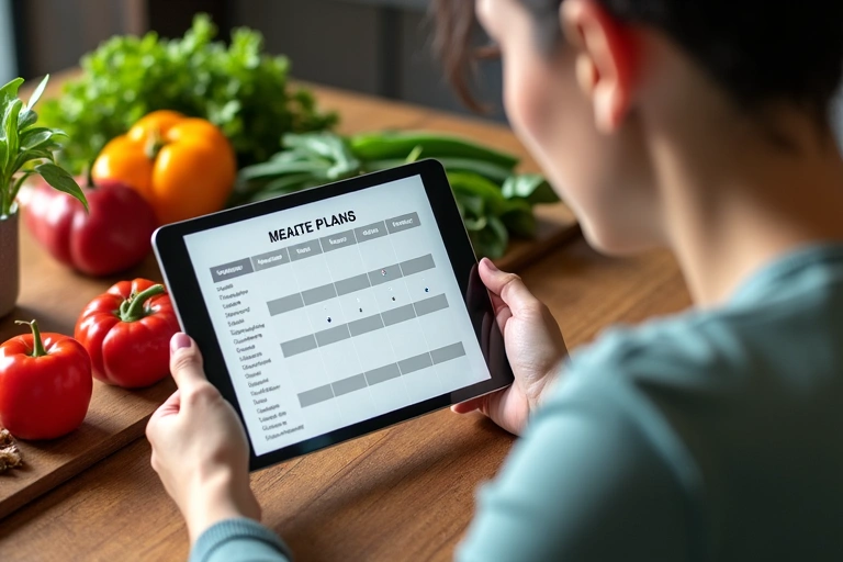Eine Person spricht mit einem Ernährungsberater über einen personalisierten Ernährungsplan mit frischen Zutaten.